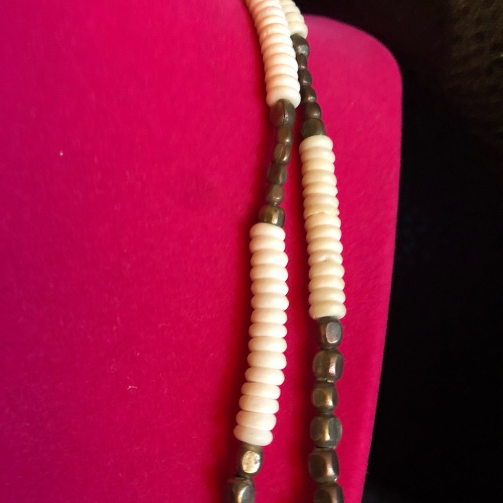 Cream & Bronze Beaded Long Necklace | Layered / Convertible Statement Jewelry - Picture 4 of 5